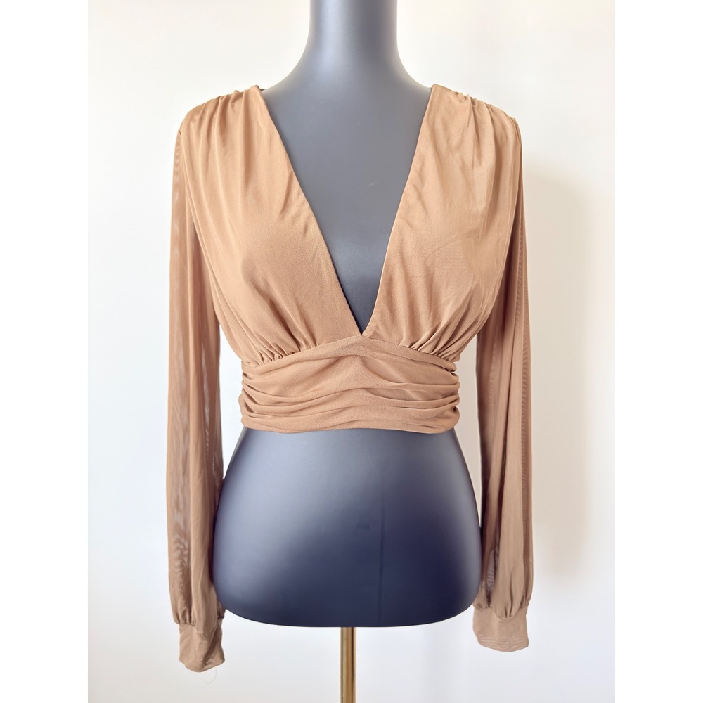 Sincerely Jules Women Tan Mesh Deep V-Neck Ruched Long Sleeve Crop Top Small